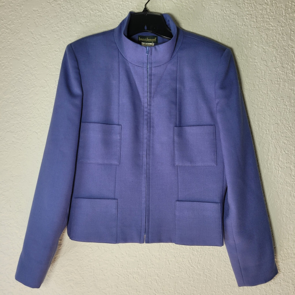 VTG Herve Benard Women's 100% Wool Purple/Blue Blazer Jacket Size 10 Full Zip